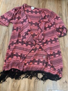 Women's Coral Pink Patterned Fringe Kimono Cardigan